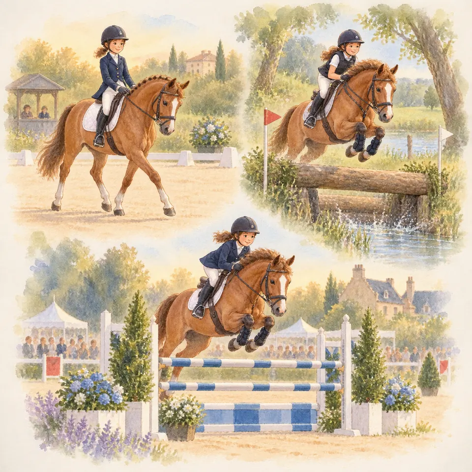 Une cavalière sur un cheval bai au dressage, puis à l’obstacle sur un tronc et des barres de concours