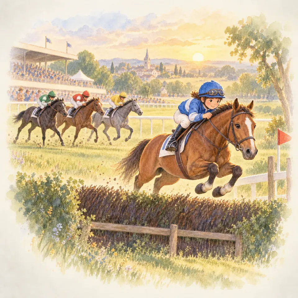 Un jockey en bleu sur un cheval bai franchit une haie devant trois concurrents sur un hippodrome