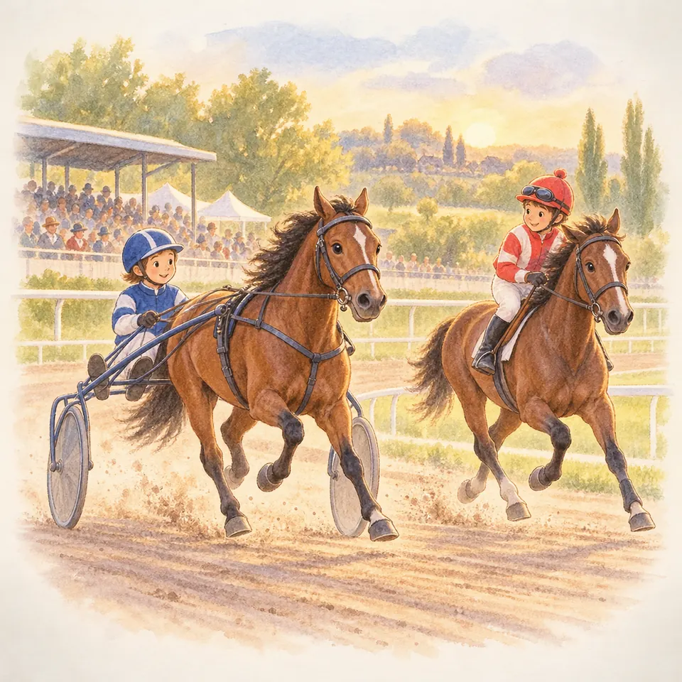 Deux chevaux bais trottent sur un hippodrome, l’un attelé à un sulky, l’autre monté par un jockey en rouge
