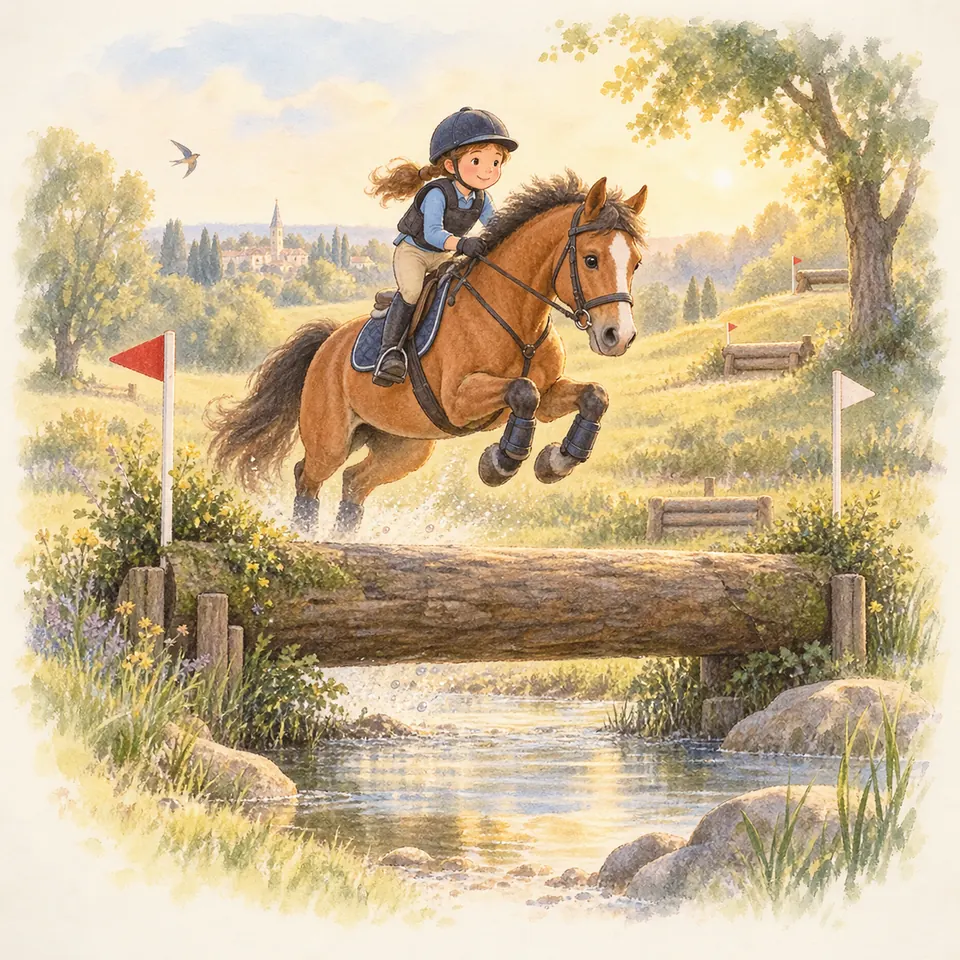 Une cavalière sur un cheval bai saute un tronc au-dessus d’un ruisseau, entre deux fanions de cross