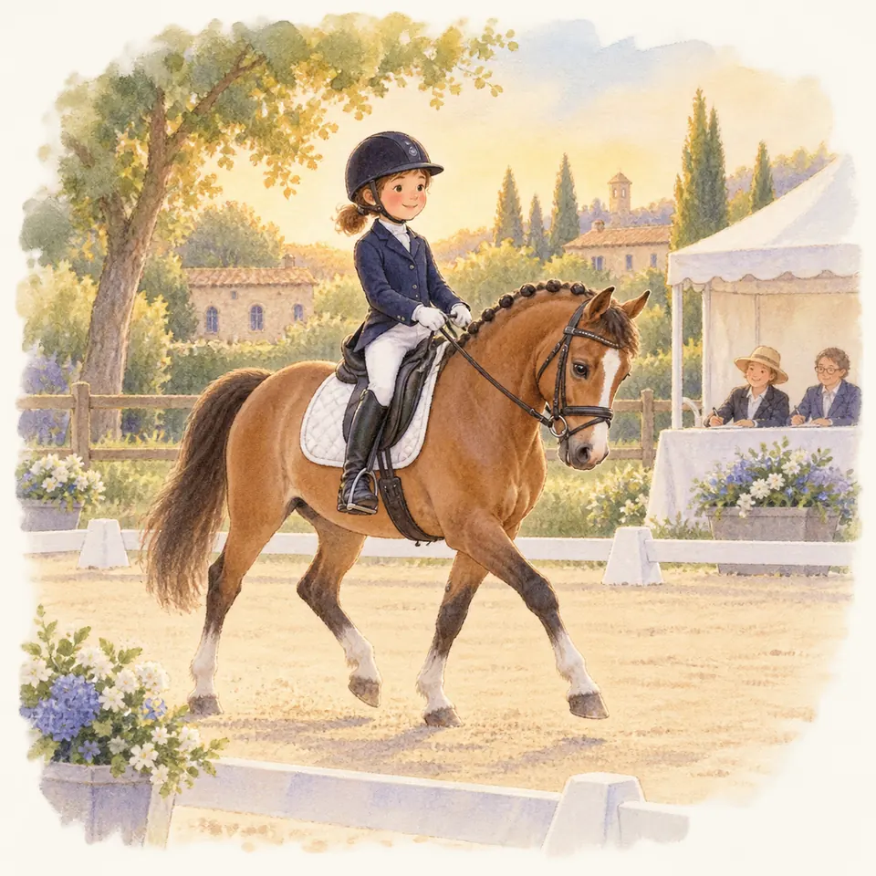 Une cavalière en veste et gants blancs monte un cheval bai à la crinière tressée dans une carrière de dressage