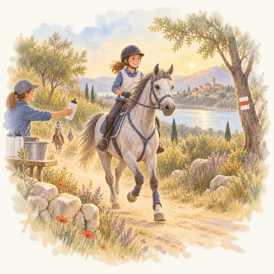 Une cavalière monte un cheval gris sur un sentier balisé tandis qu’une femme lui tend une bouteille