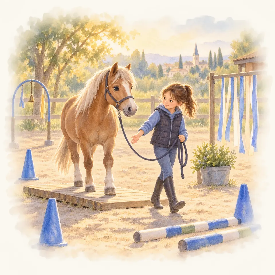 Une enfant guide en longe un poney palomino sur une plateforme en bois, parmi des cônes et des barres au sol