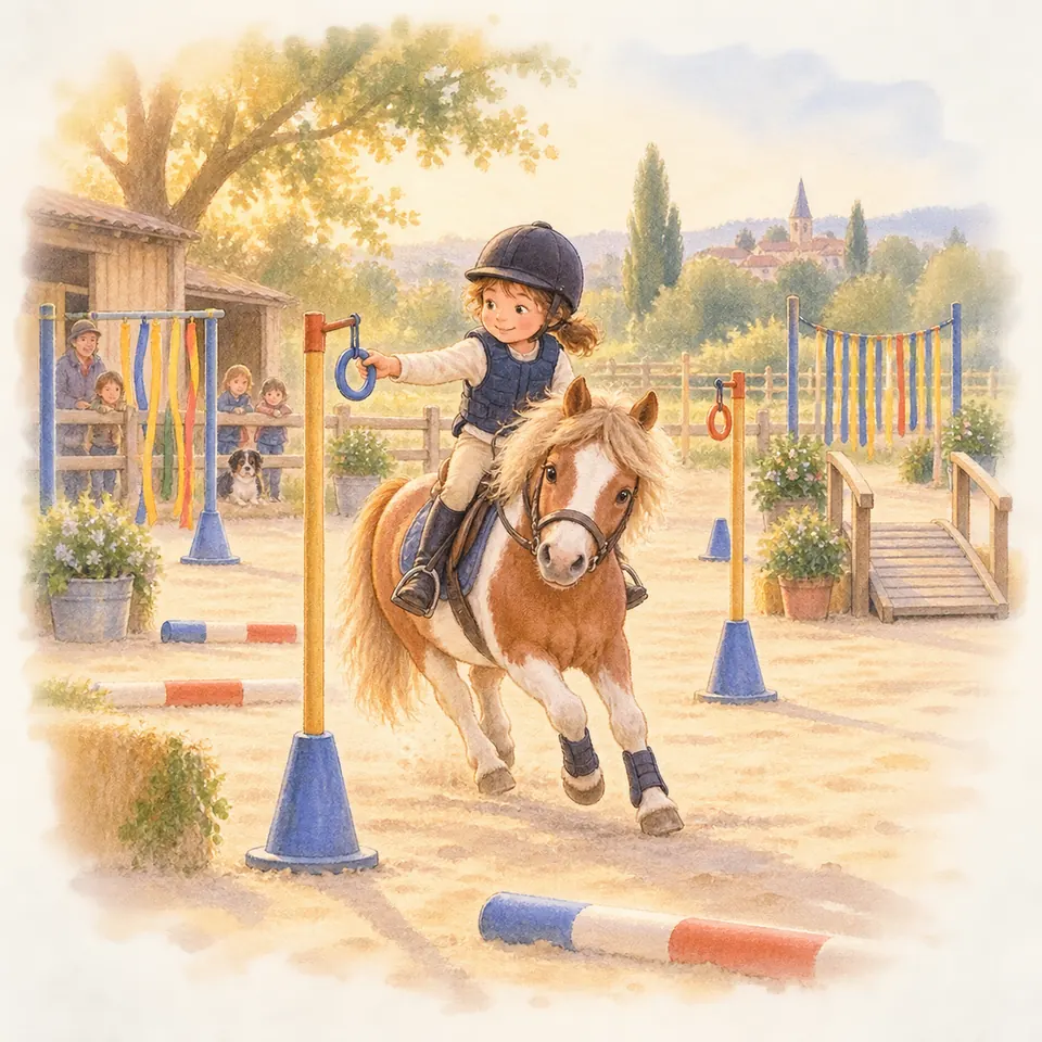 Une enfant sur un poney pie alezan attrape un anneau au passage entre des plots et des barres dans une carrière