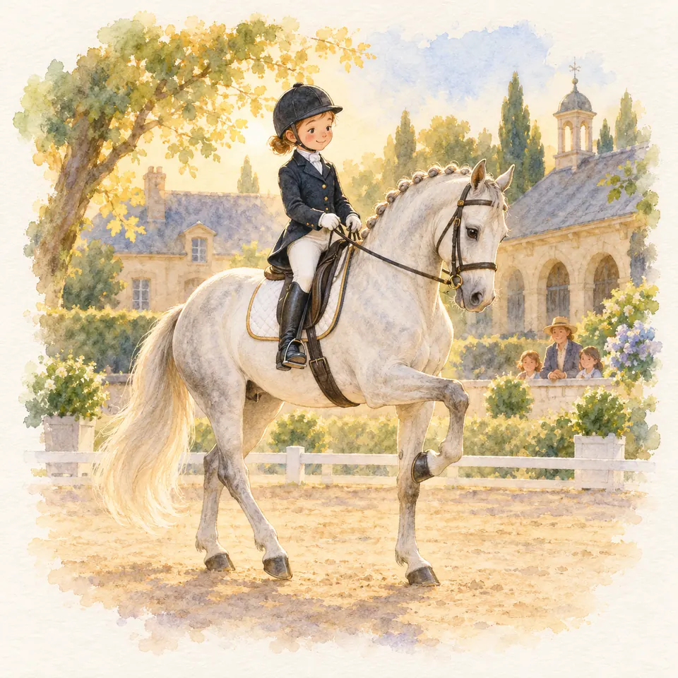 Une cavalière en veste noire monte un cheval gris à la crinière tressée, un antérieur levé dans une carrière
