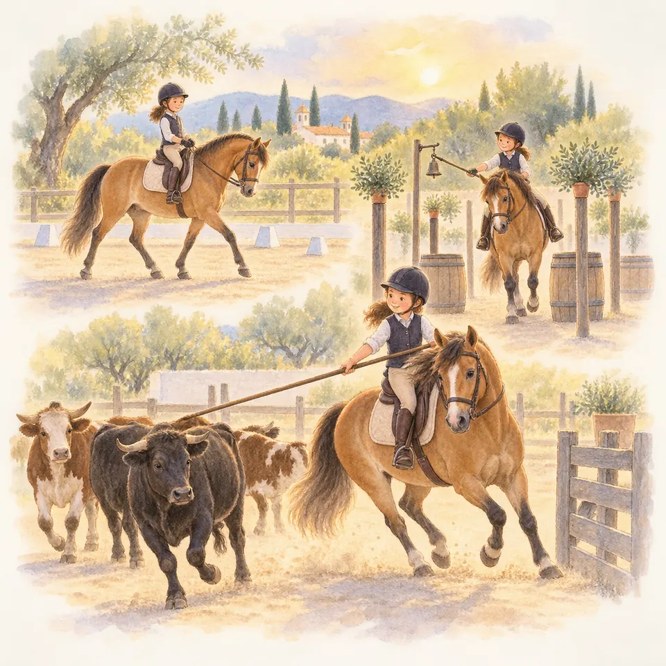 Dans une carrière, des enfants sur des chevaux bais slaloment, approchent une cloche et guident des bovins avec une perche
