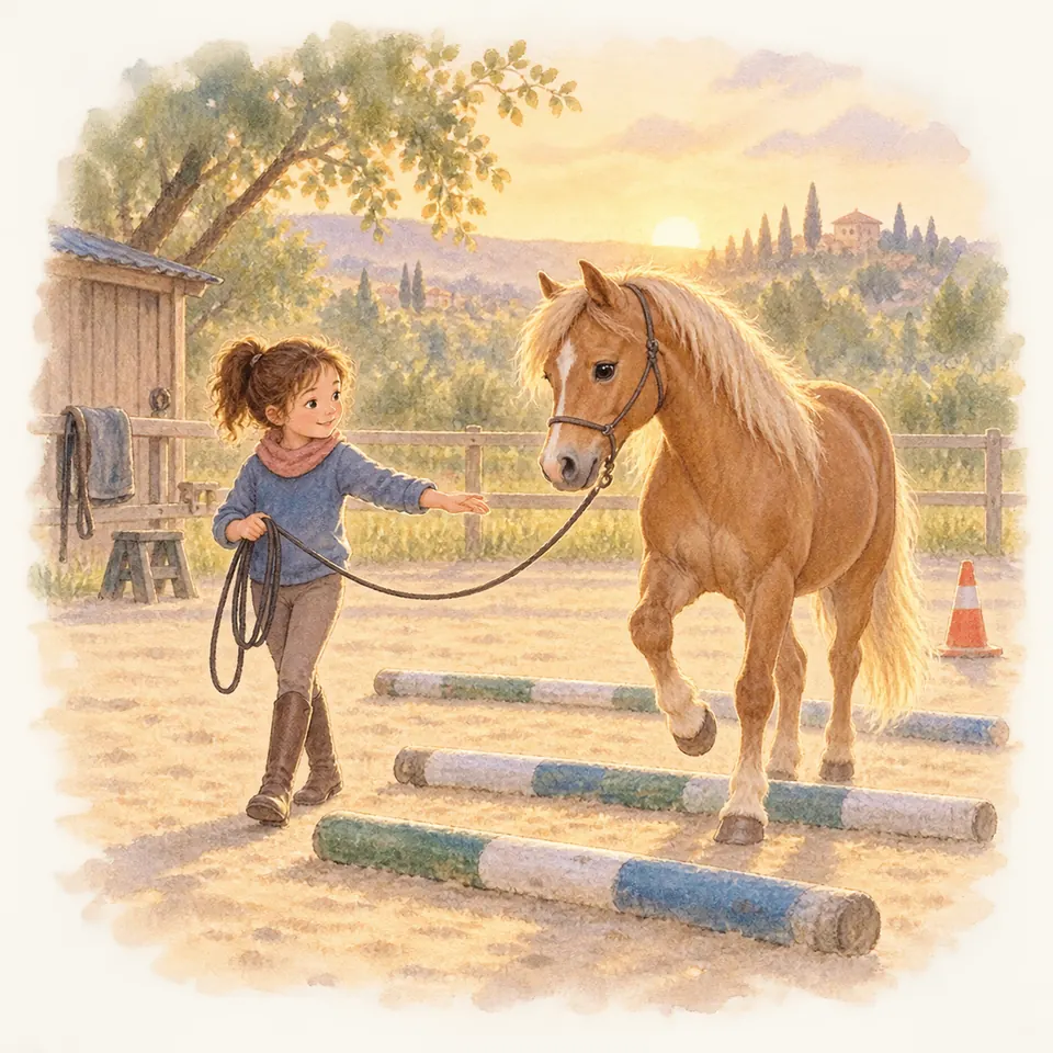 Une enfant guide à pied un poney palomino en licol et longe au-dessus de barres au sol dans une carrière