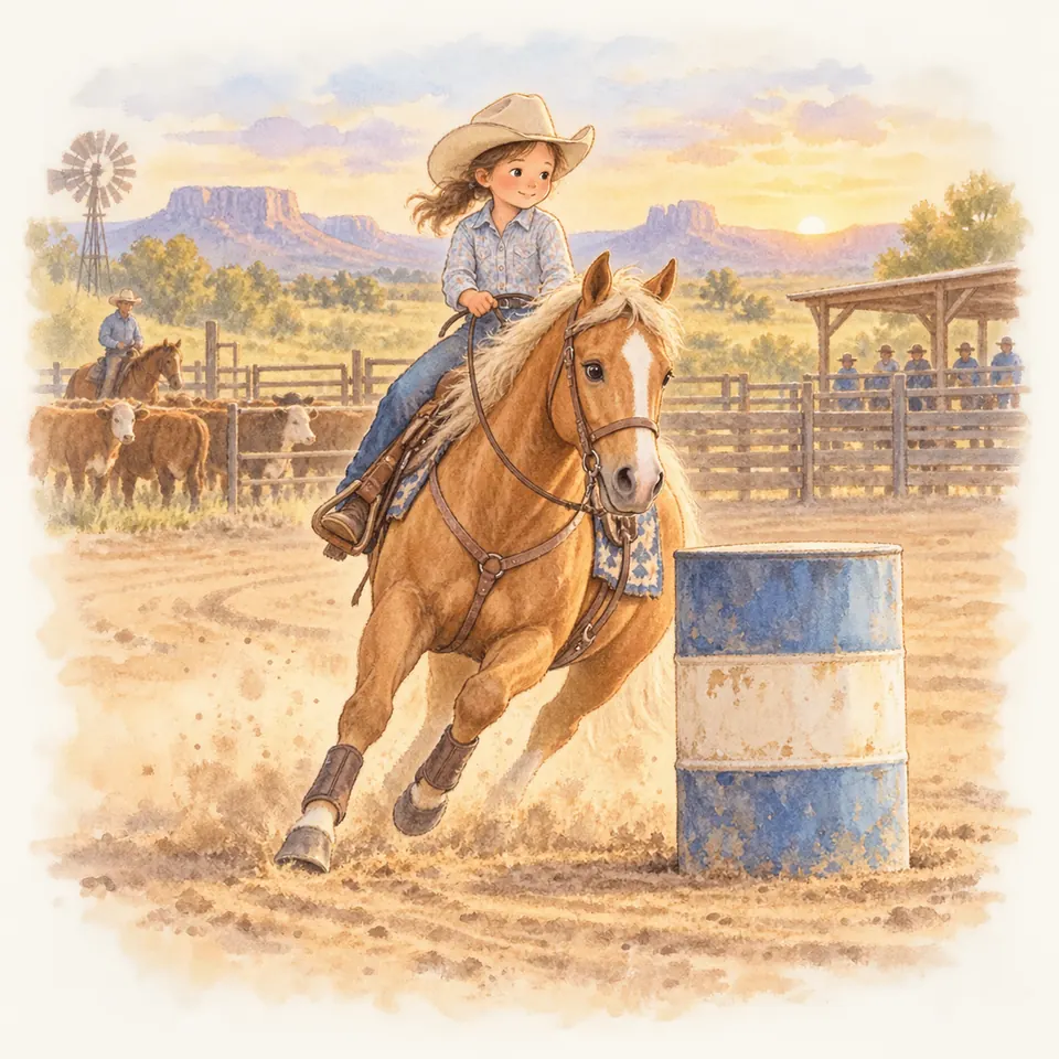 Une cavalière en chapeau western contourne un tonneau au galop sur un cheval palomino dans une carrière de ranch