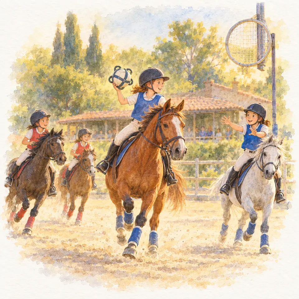 Une cavalière sur un cheval alezan lève un ballon à anses près du panier de horse-ball, entourée d’autres cavaliers