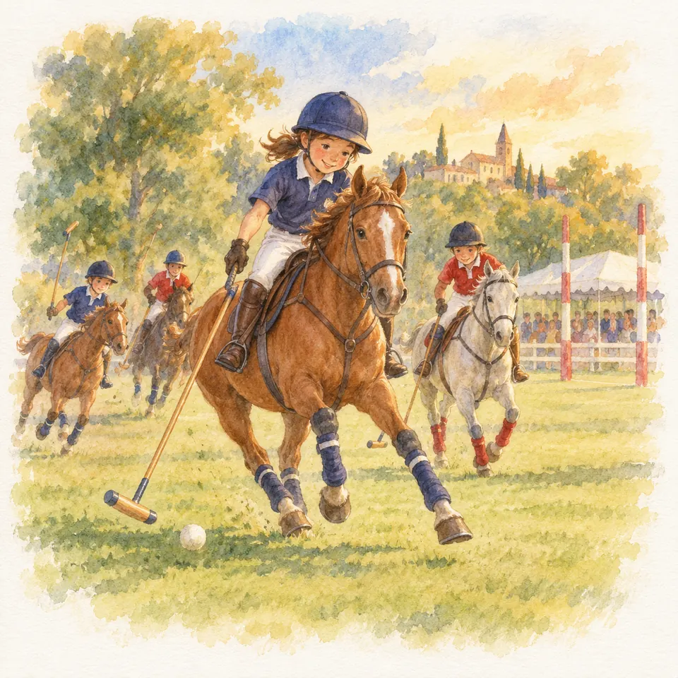 Une cavalière sur un cheval alezan dirige son maillet vers une balle sur l’herbe, suivie par d’autres joueurs de polo