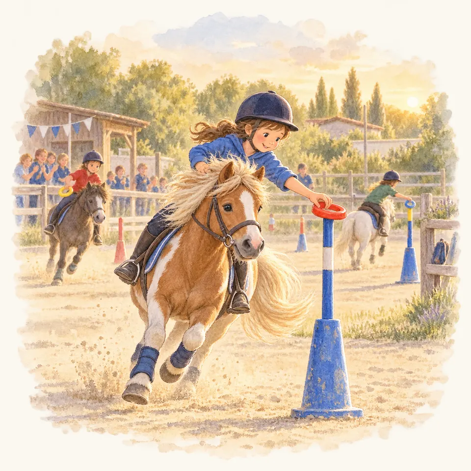 Une enfant sur un poney palomino pose un anneau rouge sur un piquet bleu en passant, dans une carrière de pony-games