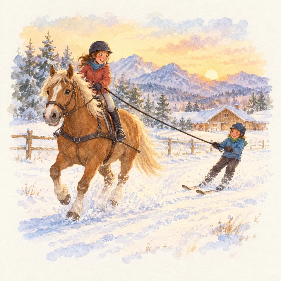 Un poney palomino monté par une cavalière tracte un enfant à skis sur une piste enneigée, devant un chalet