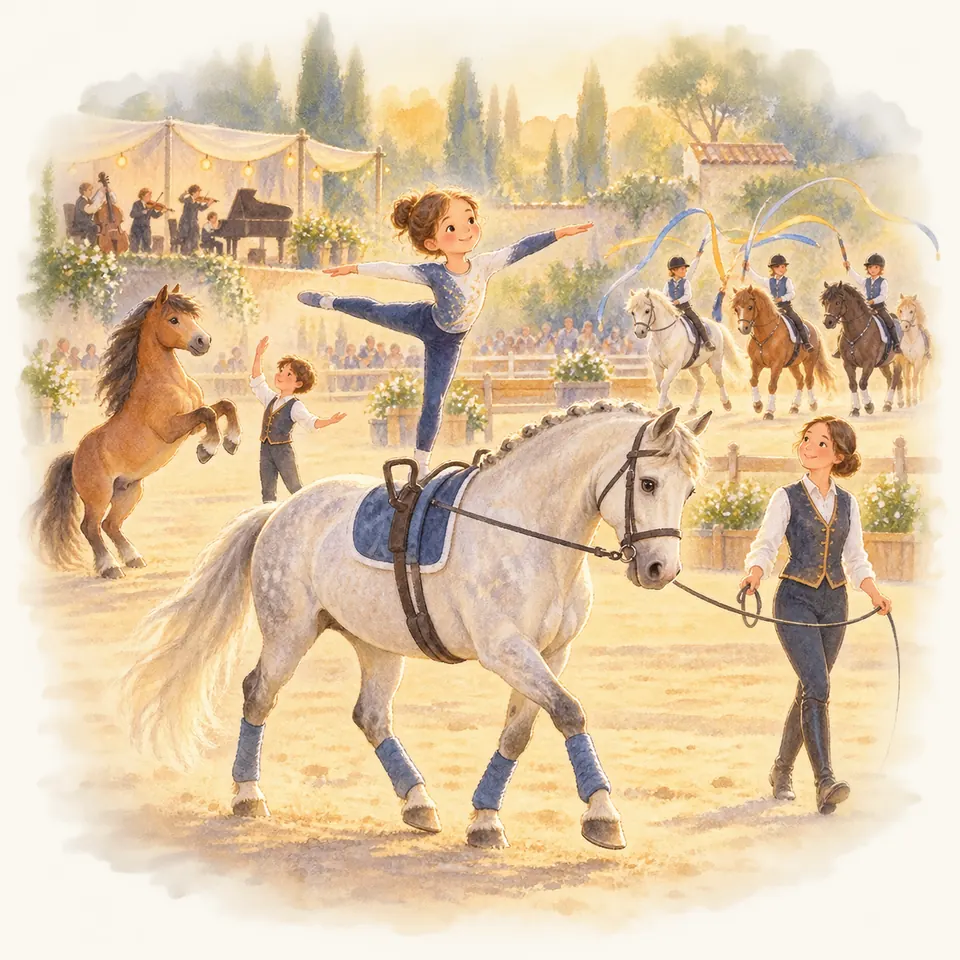 Une voltigeuse en équilibre sur un cheval gris tenu en longe se produit devant un public, avec d’autres cavaliers