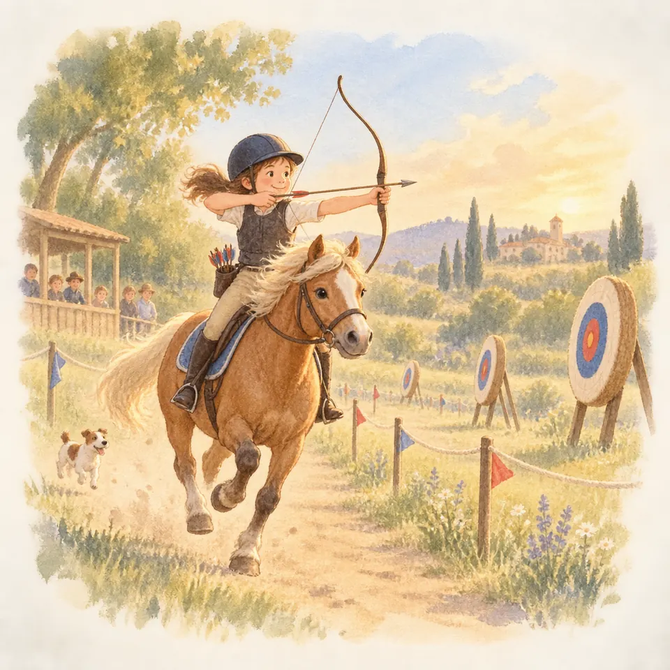 Une cavalière sur un poney palomino bande son arc, une flèche encochée, sur un parcours bordé de cibles