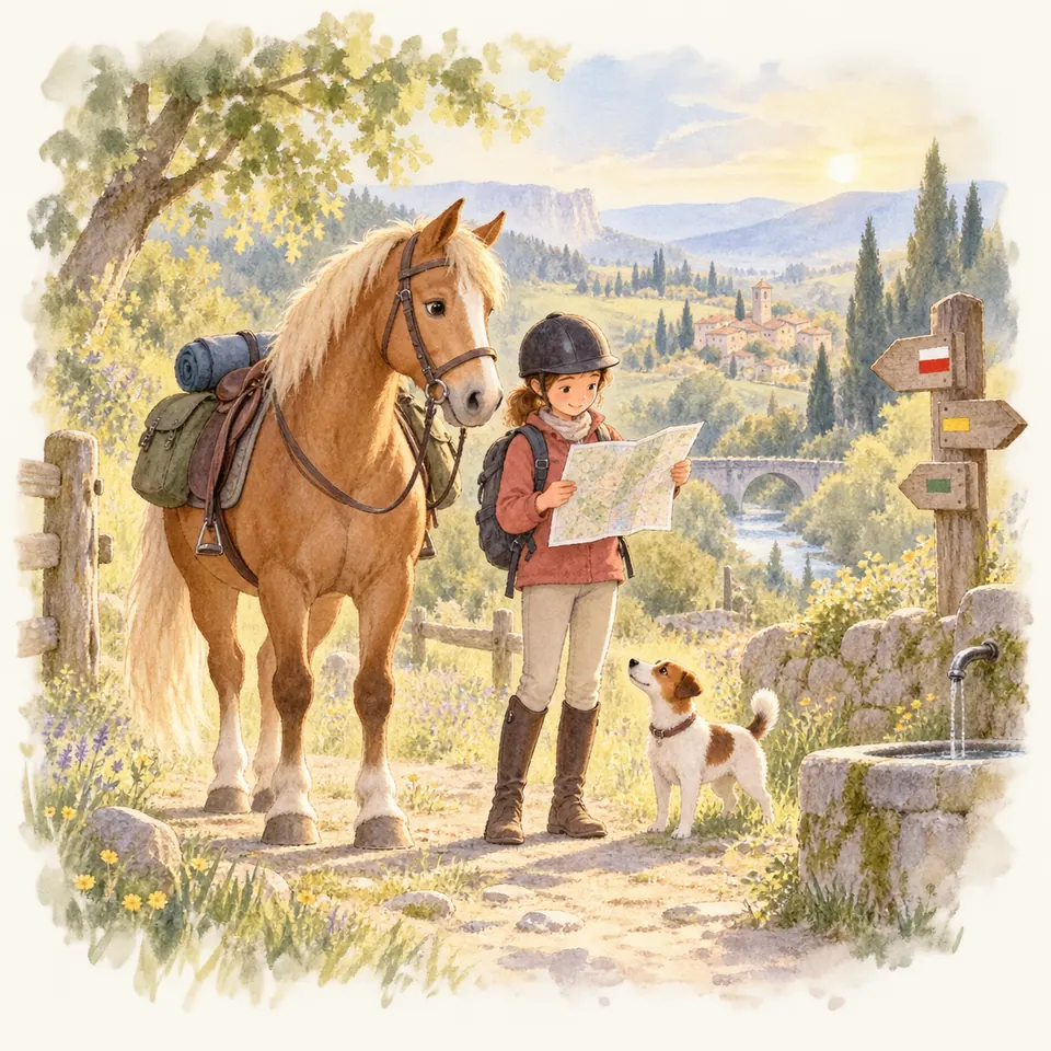 Une cavalière lit une carte près d’un cheval palomino chargé de sacoches, avec un chien et des panneaux de randonnée