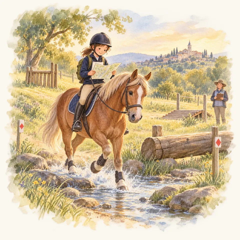 Une cavalière consulte une carte sur un poney alezan qui traverse un ruisseau, près d’obstacles balisés de TREC