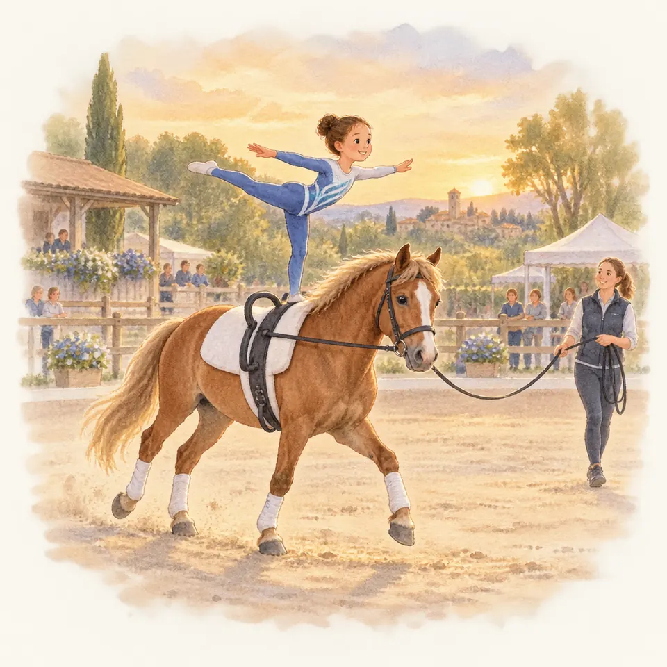Une voltigeuse se tient debout sur un cheval alezan, une jambe tendue en arrière, tandis qu’une monitrice tient la longe