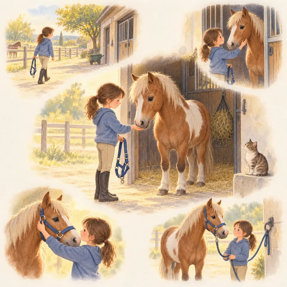 Une enfant approche un poney pie alezan devant son box, lui met un licol bleu puis tient sa longe