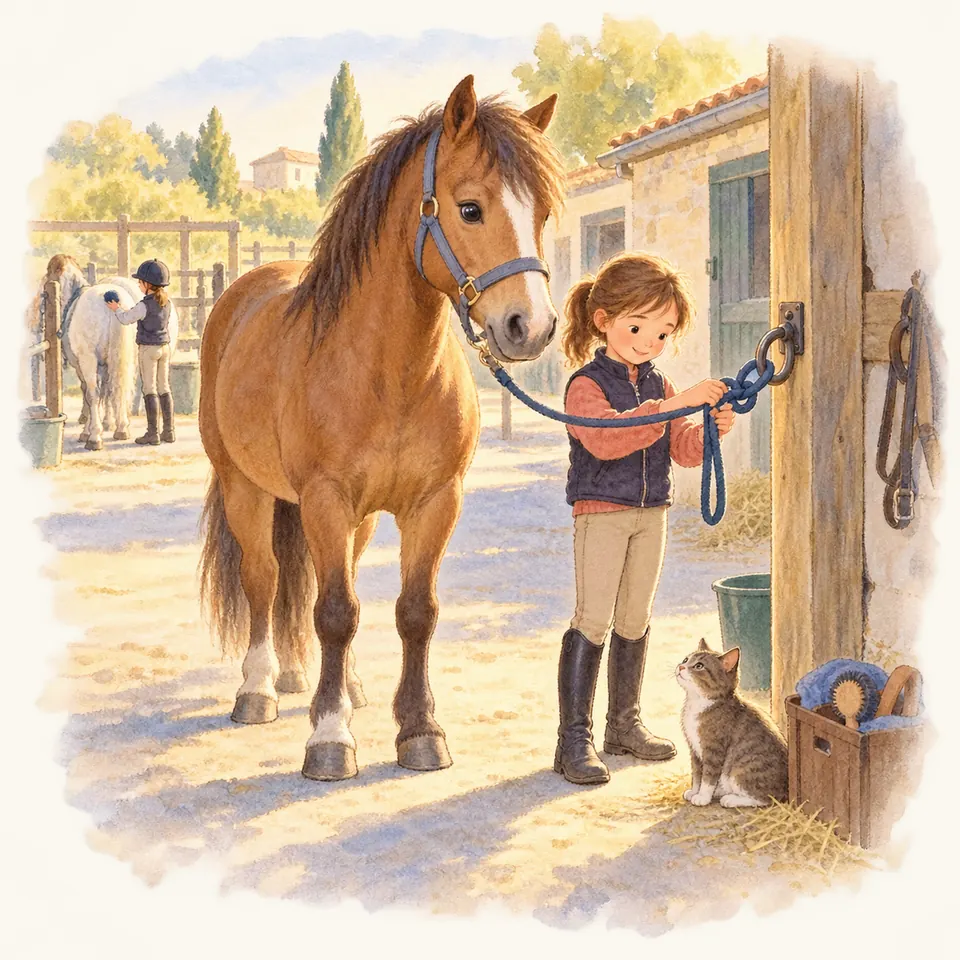 Une enfant noue la longe bleue d’un poney bai à un anneau fixé sur un poteau dans la cour de l’écurie