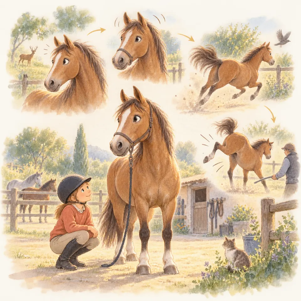 Une enfant accroupie observe un poney bai, tandis que d’autres scènes le montrent en fuite et lançant une ruade
