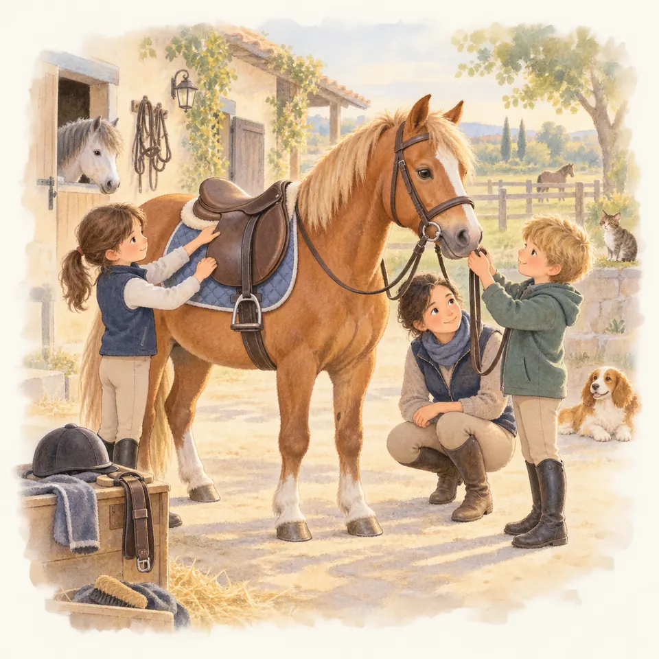 Deux enfants touchent la selle et le filet d’un poney alezan pendant qu’une monitrice s’accroupit près d’eux