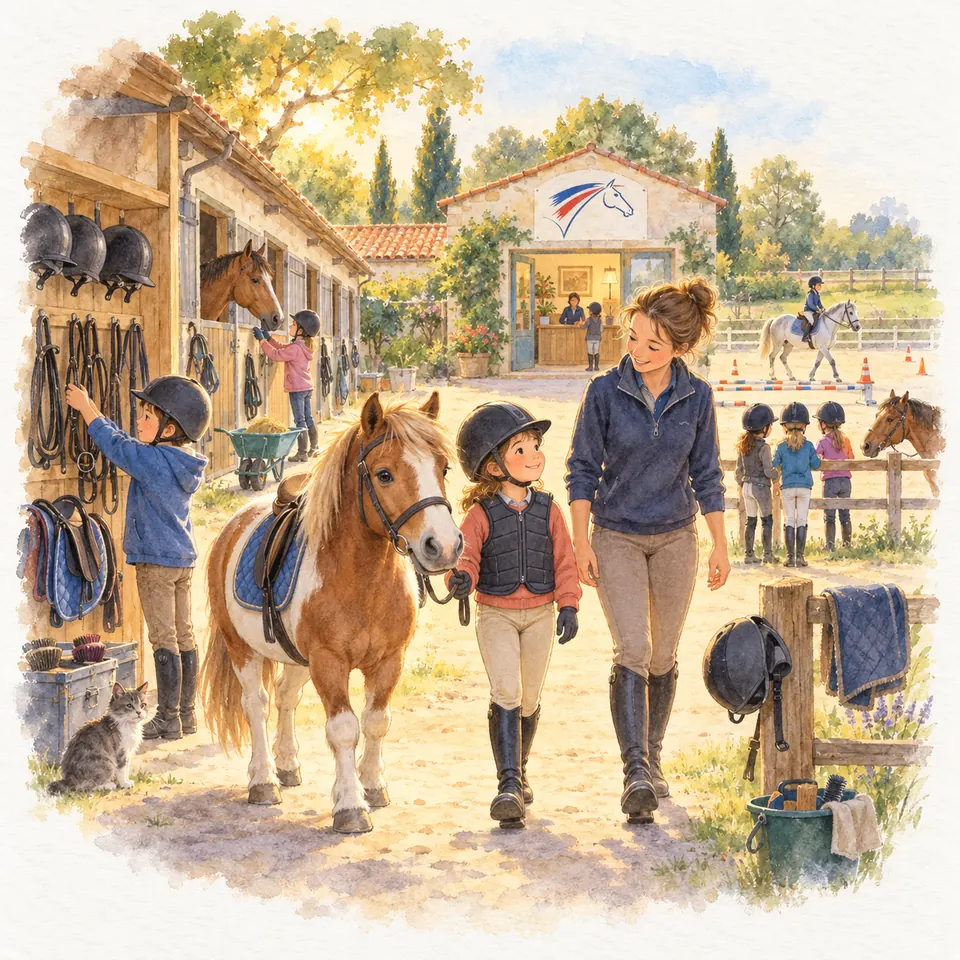 Une enfant en bombe marche avec un poney alezan et une monitrice dans un club, entre les boxes et la carrière