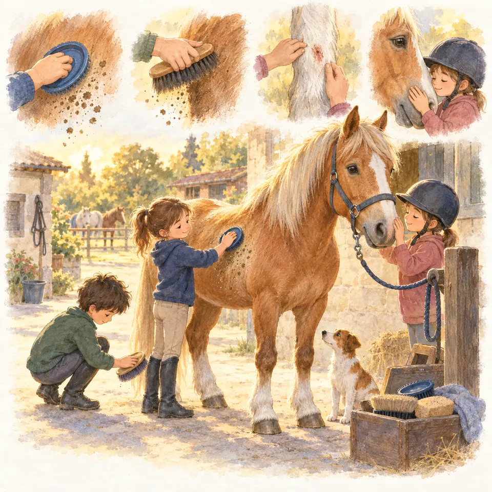 Des enfants pansent un poney alezan attaché dans la cour, avec une étrille sur le flanc et une brosse sur un membre