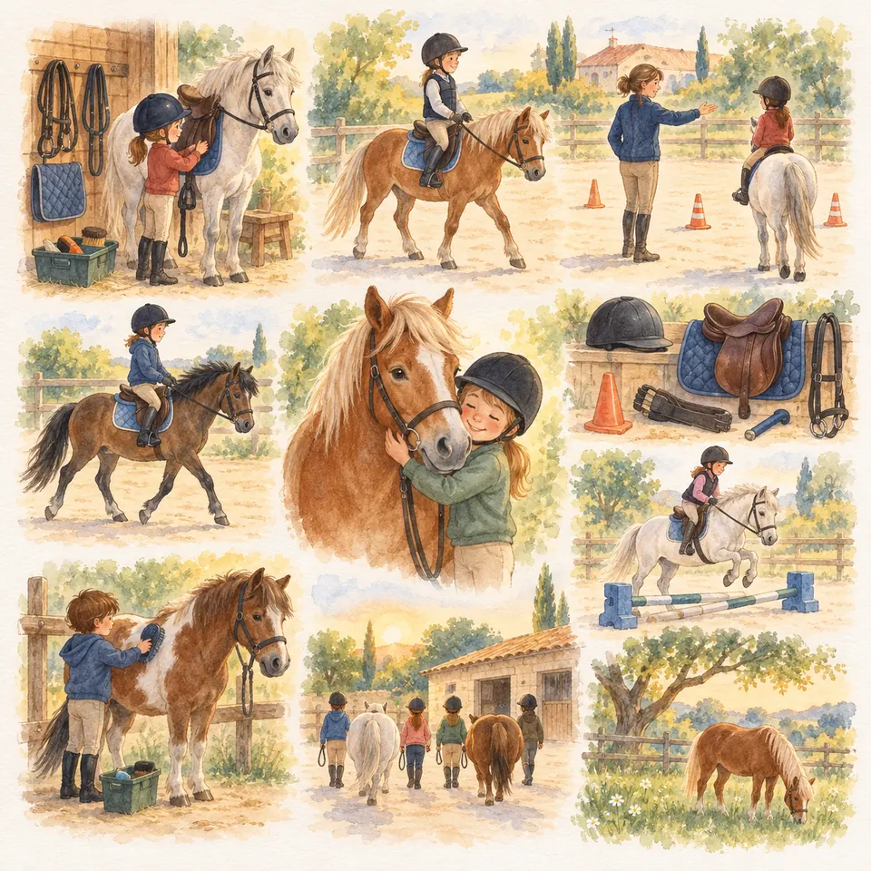 Des enfants montent, pansent et mènent des poneys au club, près d’une selle, d’un filet et d’une bombe