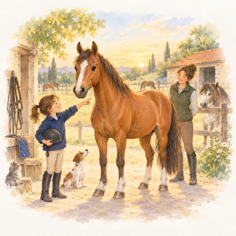 Une enfant pointe l’encolure d’un cheval bai debout dans la cour de l’écurie, à côté d’une monitrice