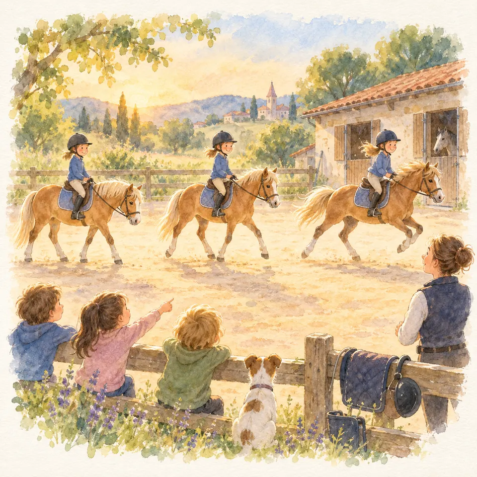 Trois enfants montent des poneys alezans au pas, au trot et au galop dans une carrière, devant une monitrice et des enfants