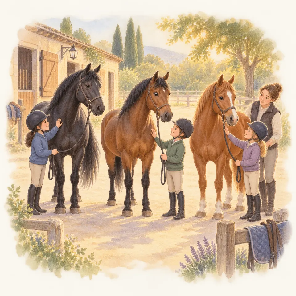 Trois enfants casqués tiennent en longe un cheval noir, un bai et un alezan dans la cour de l’écurie, avec une monitrice