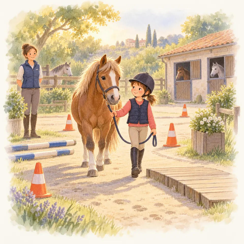 Une enfant casquée mène un poney alezan en longe entre des plots dans la cour de l’écurie, sous le regard d’une monitrice