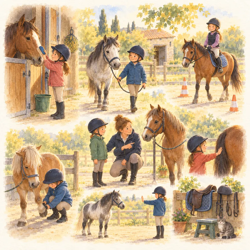 Des enfants casqués côtoient des chevaux à pied et à cheval dans la cour de l’écurie, tandis qu’une monitrice les guide