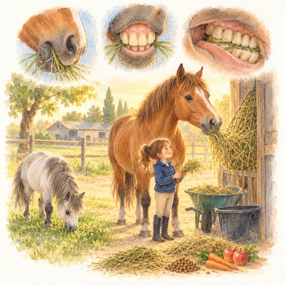 Un cheval alezan mange du foin près d’une enfant à l’écurie, avec des détails de sa bouche et de ses dents et un poney gris qui broute