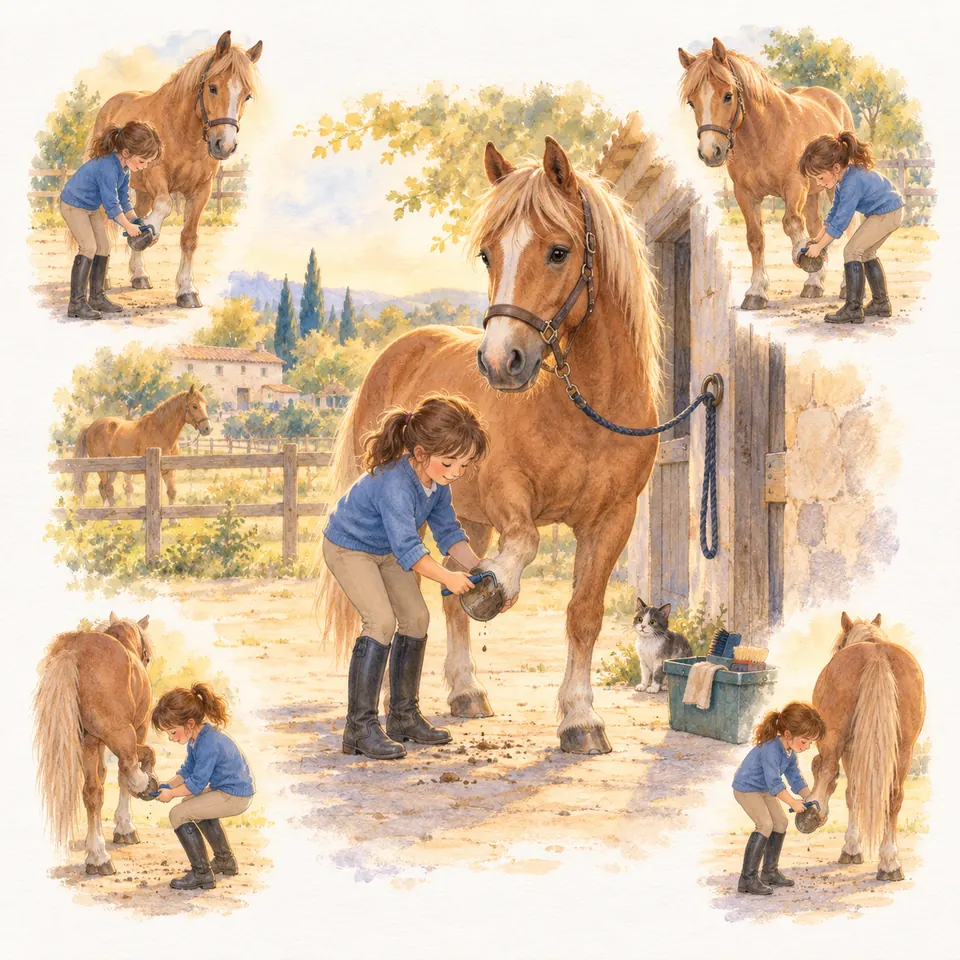 Une enfant nettoie au cure-pied le sabot levé d’un poney alezan attaché près de l’écurie, avec plusieurs gestes de curage détaillés