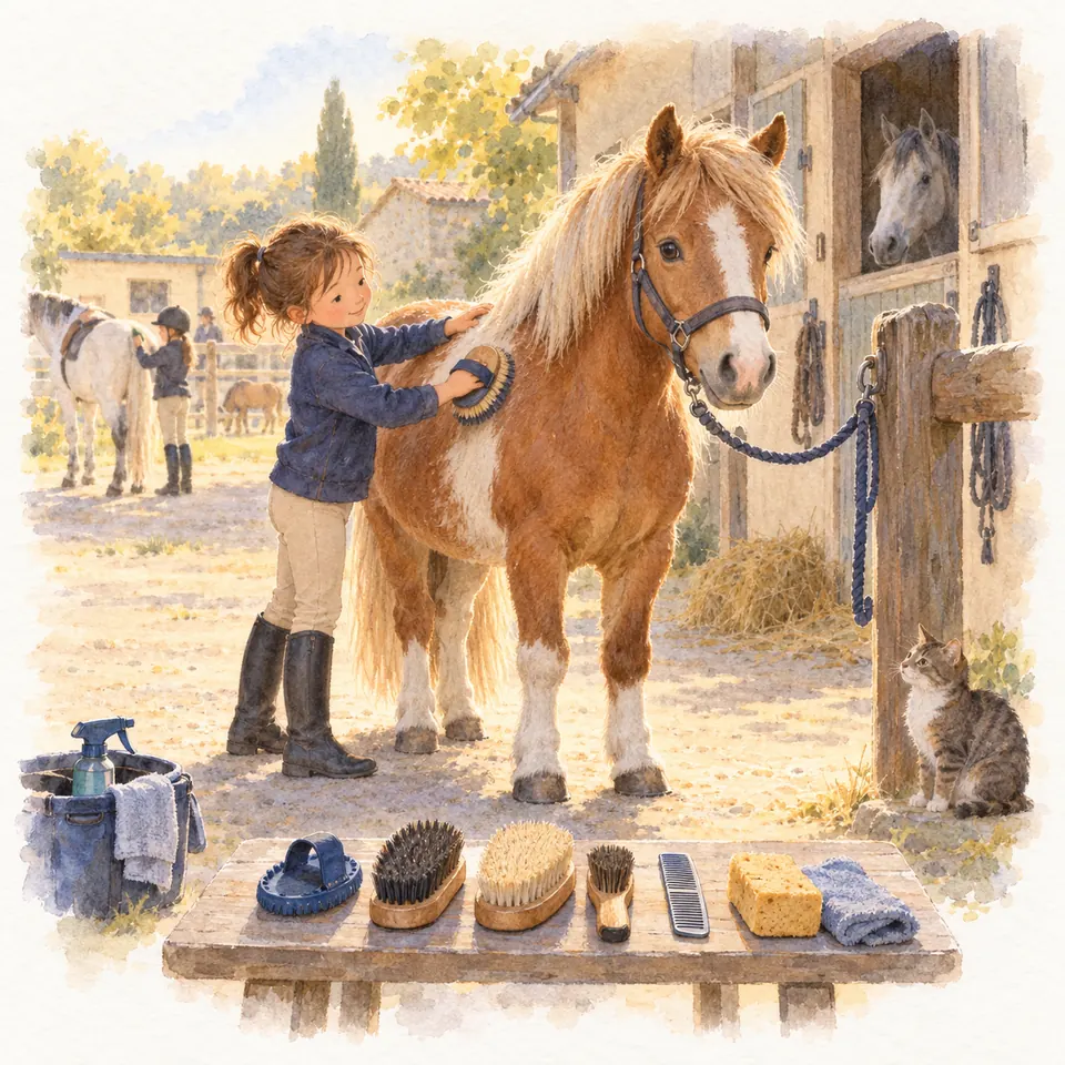 Une enfant brosse un poney alezan attaché devant l’écurie, près d’une table garnie d’outils de pansage