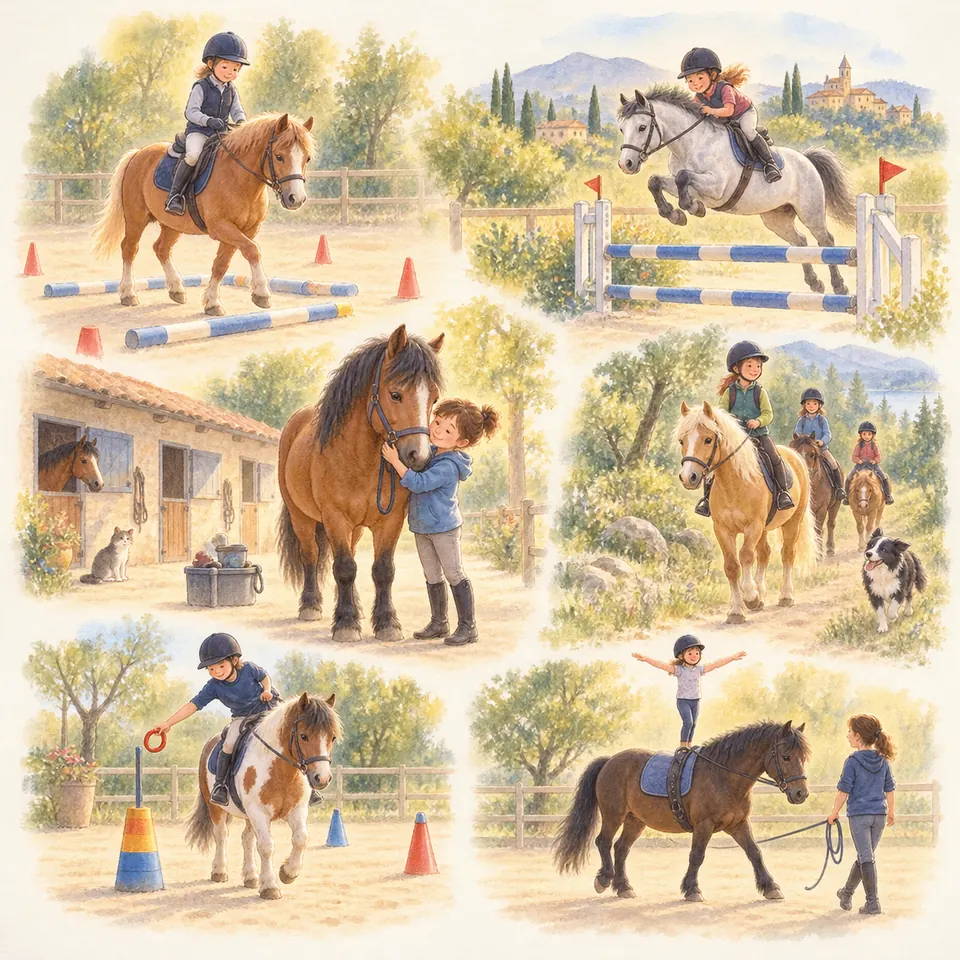 Des enfants à poney pratiquent le saut, les jeux, la promenade et la voltige, tandis qu’une enfant caresse un cheval bai
