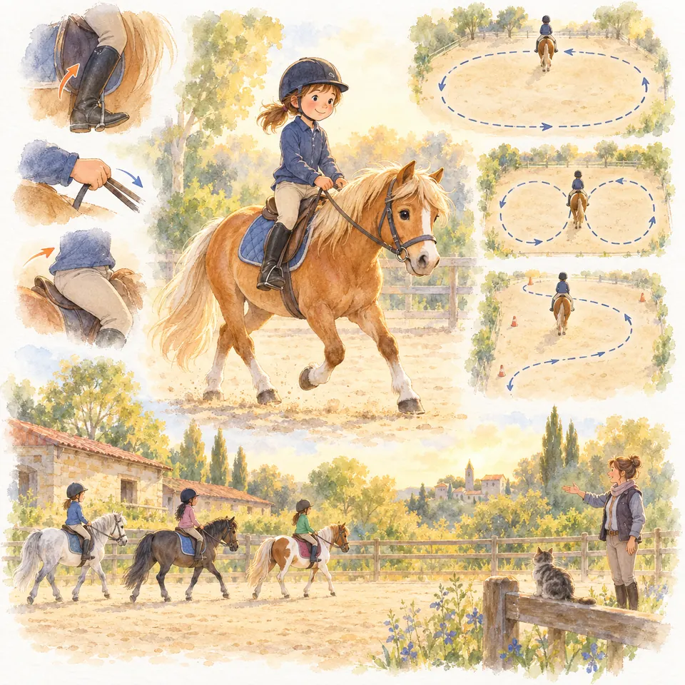 Une cavalière monte un poney alezan, entourée de gestes des aides et de tracés de cercle, de huit et de serpentine