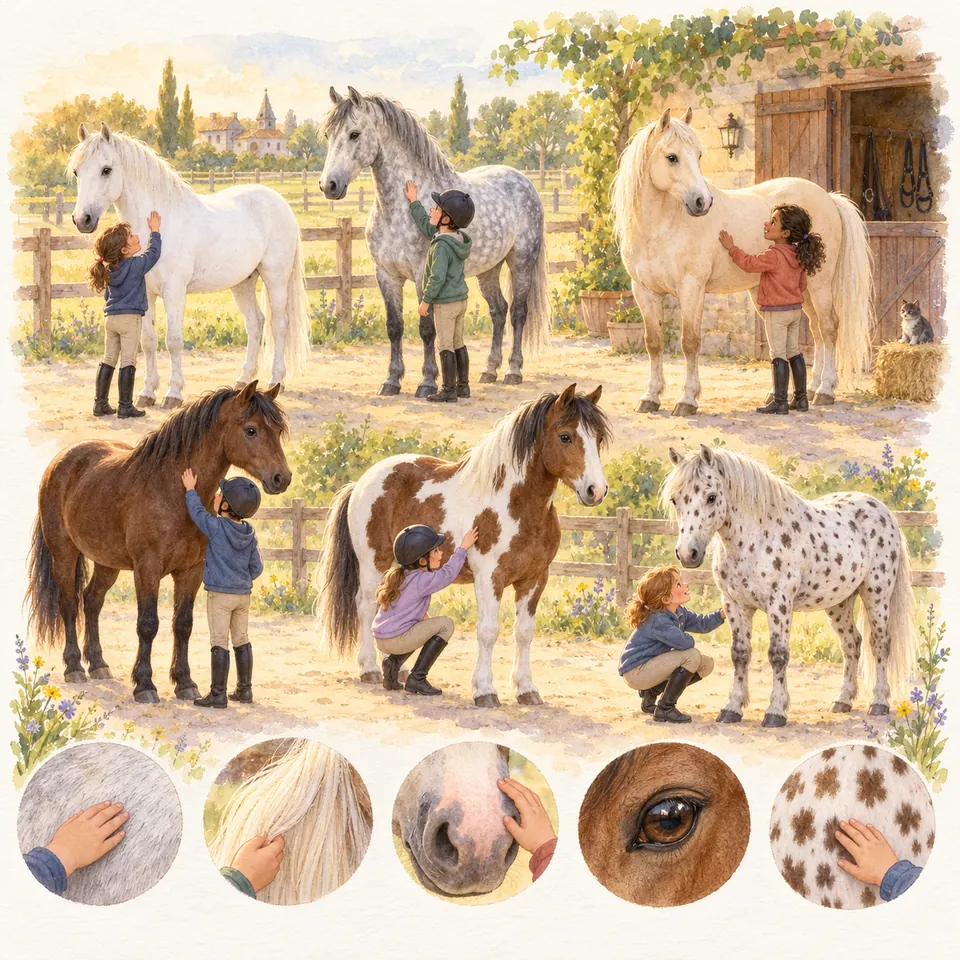 Des enfants touchent des chevaux et poneys aux robes blanche, grise, crème, chocolat, pie alezane et tachetée