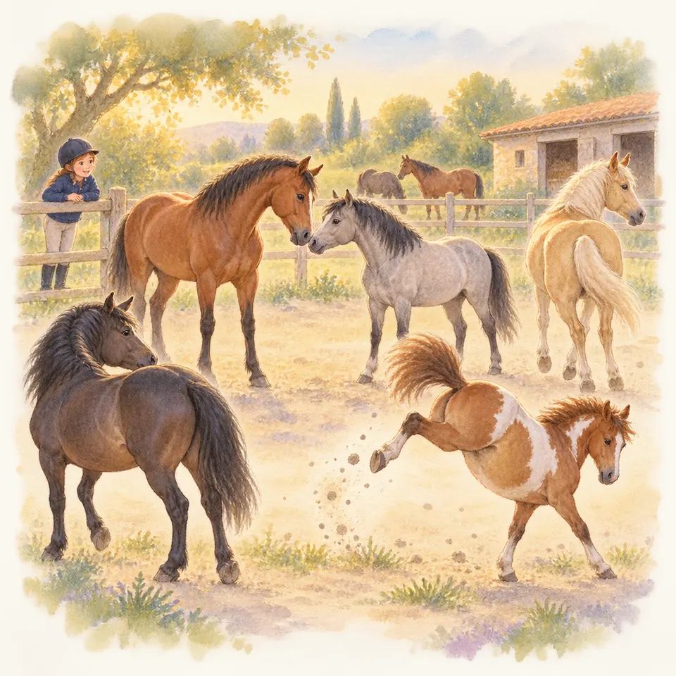 Dans un paddock, un cheval bai et un poney gris se touchent le bout du nez tandis qu’un poney pie alezan rue