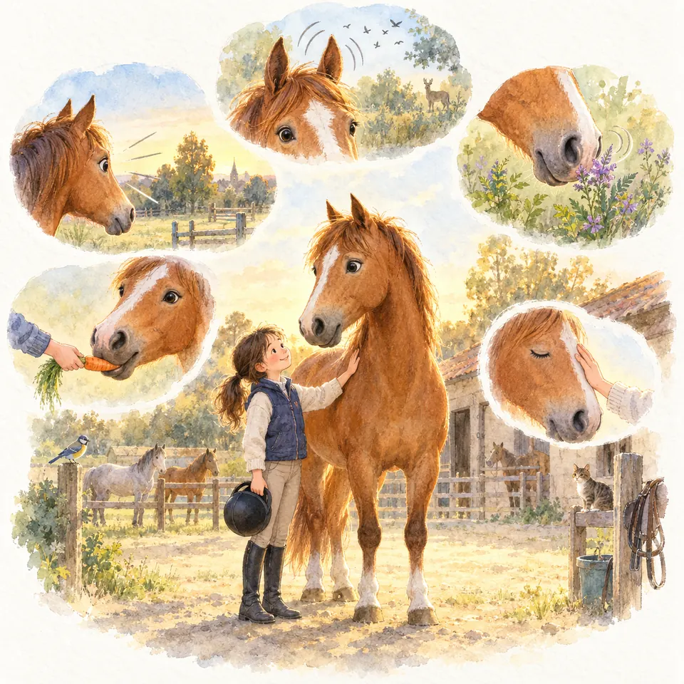 Une enfant caresse un poney alezan, entouré de scènes où il écoute, regarde, flaire des fleurs et mange une carotte