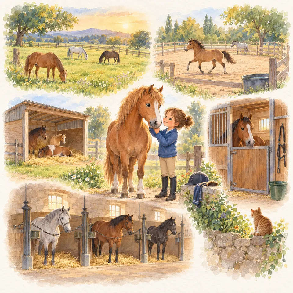 Une enfant caresse un poney alezan, entourée de chevaux au pré, au paddock, en stabulation, au box et en stalle