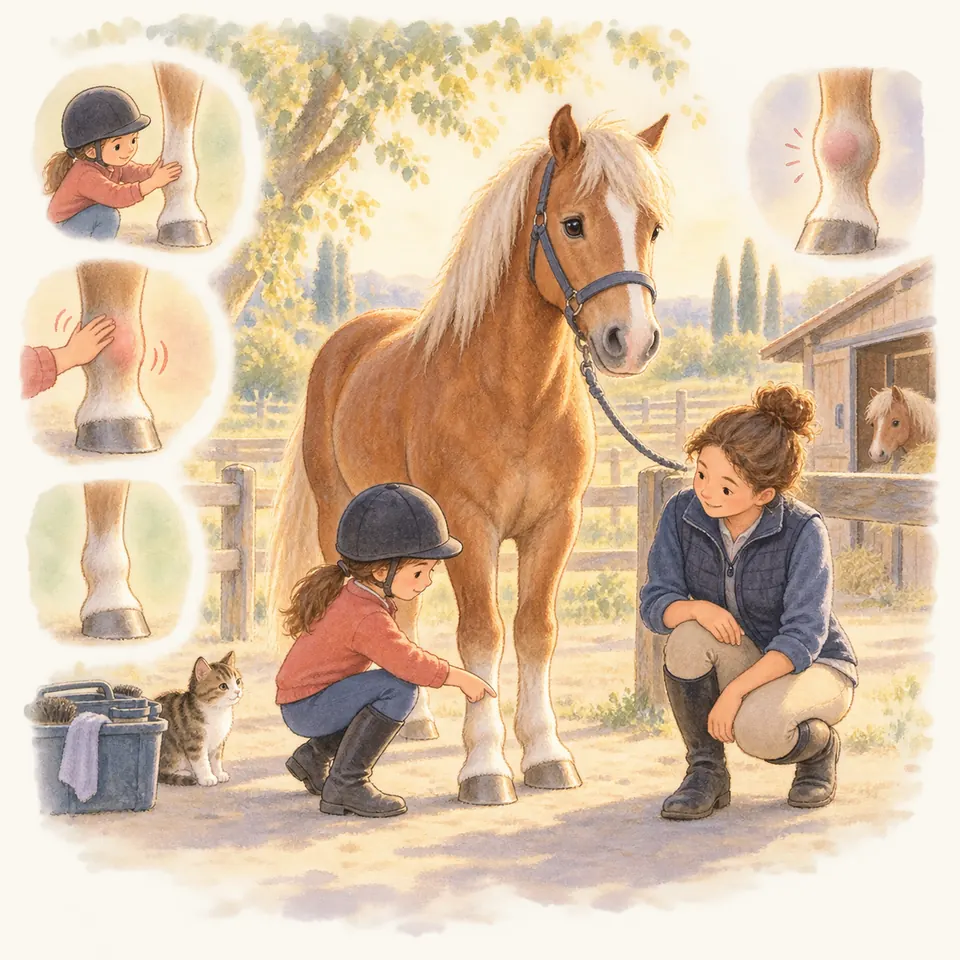 Une enfant accroupie montre le bas d’un antérieur d’un poney alezan, près d’une monitrice dans la cour du club