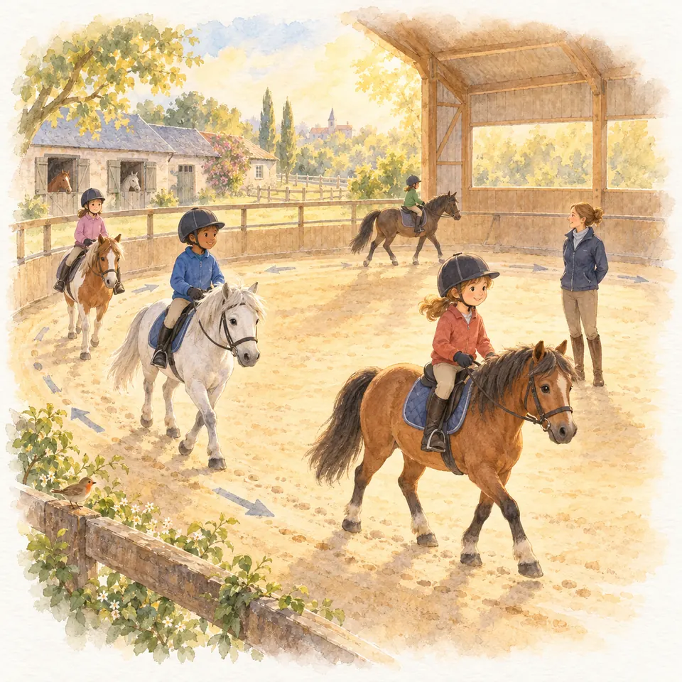 Des enfants à poney suivent la piste fléchée d’une carrière partiellement couverte sous le regard d’une monitrice
