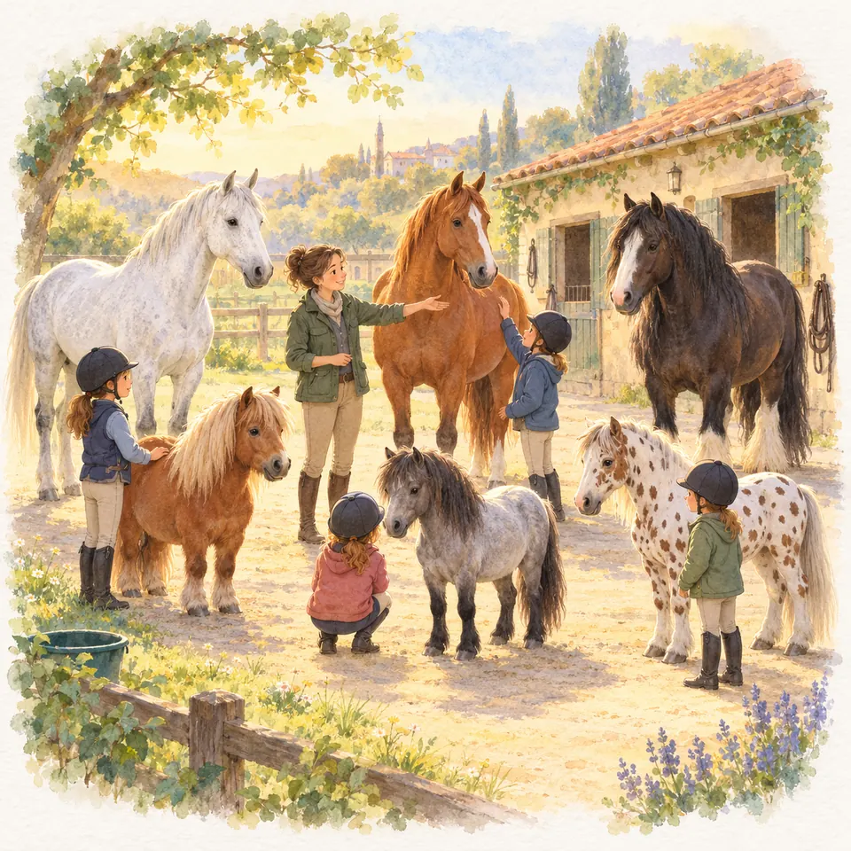 Une monitrice et quatre enfants entourent des chevaux et poneys gris, alezans, noir et tacheté devant les écuries
