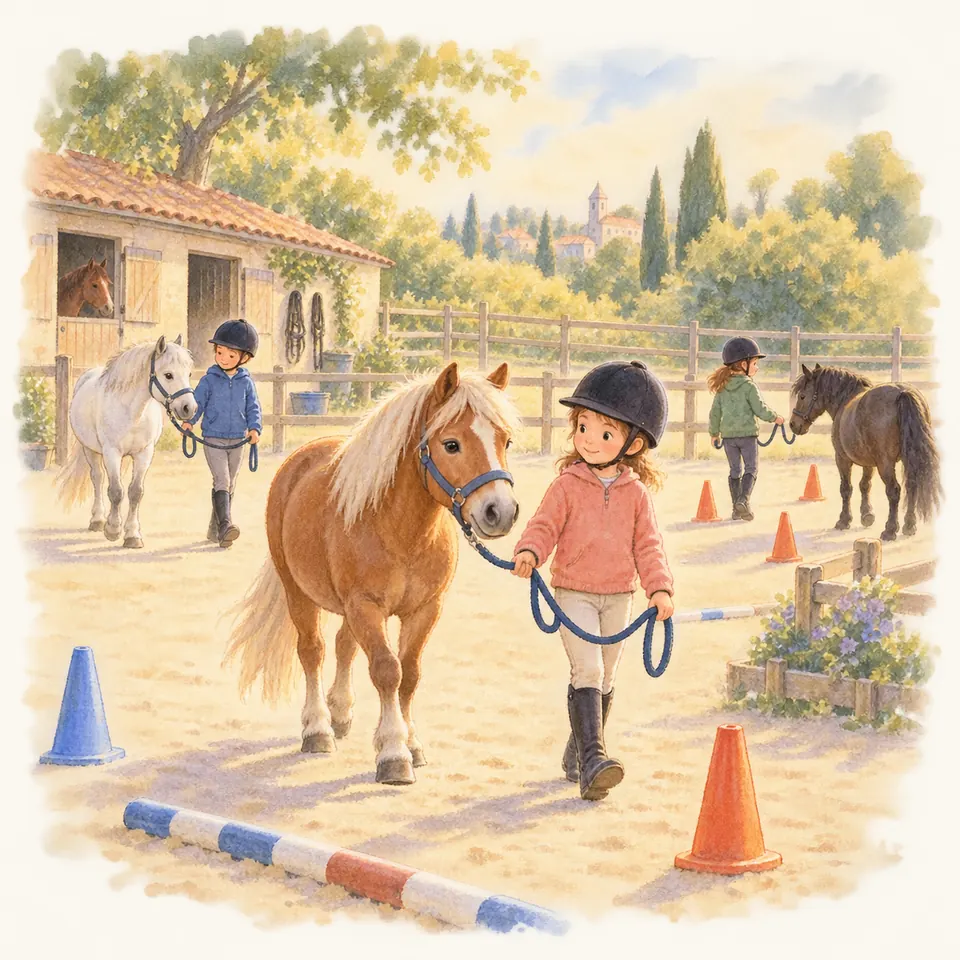 Une enfant mène un poney alezan en licol entre des plots et des barres au sol, avec deux autres enfants et leurs poneys