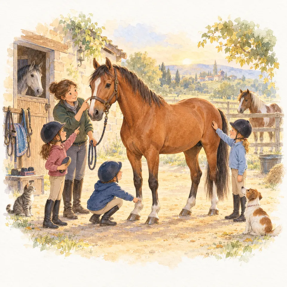 Une monitrice et trois enfants montrent différentes parties du corps d’un cheval bai dans la cour d’une écurie