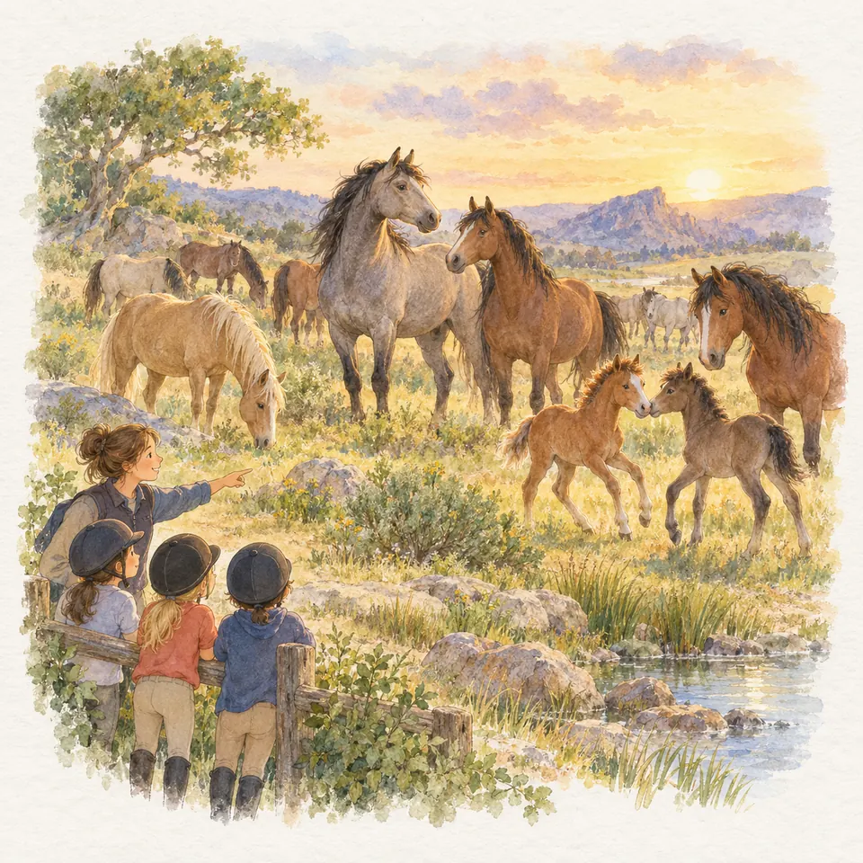 Une monitrice et trois enfants observent un troupeau de chevaux gris et bais avec deux poulains dans un pré près d’un ruisseau