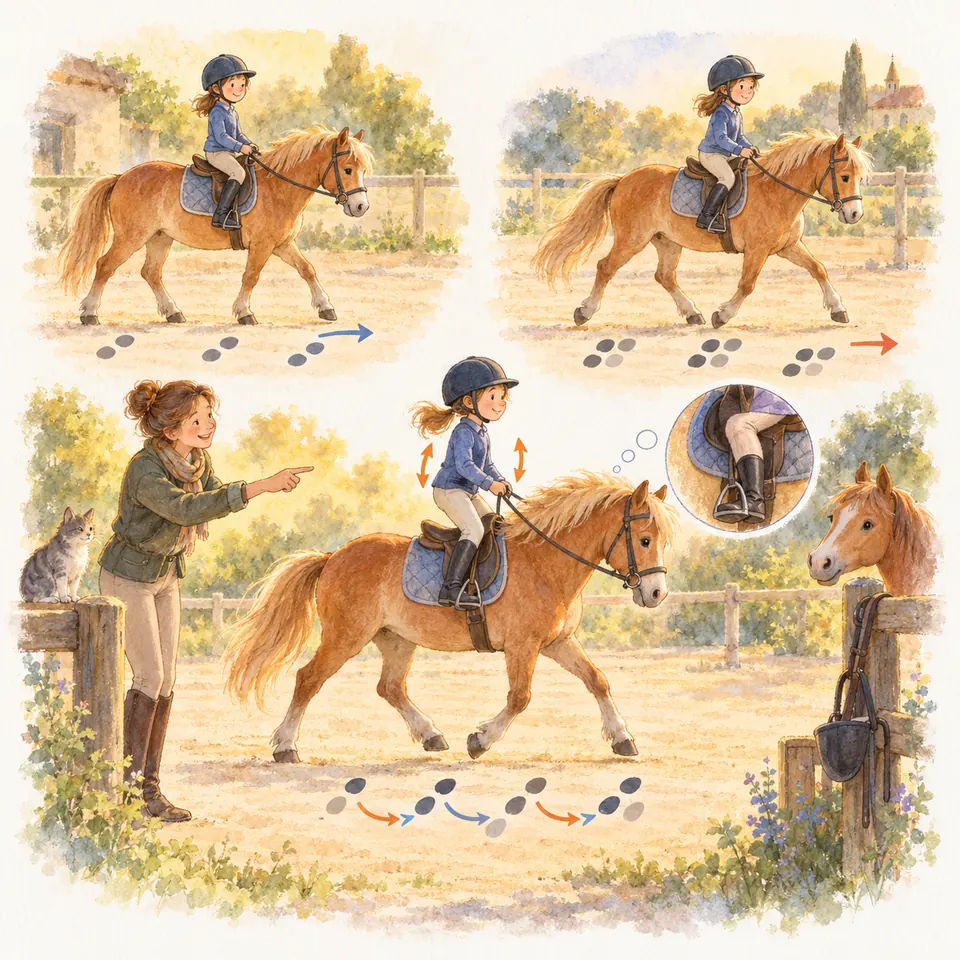 Une cavalière monte un poney alezan au pas et au trot, avec des traces de sabots et une monitrice qui la guide dans la carrière