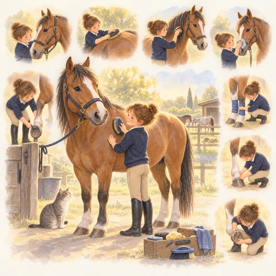 Un enfant brosse un poney alezan attaché, avec plusieurs scènes de pansage, de curage des pieds et de pose de bandes